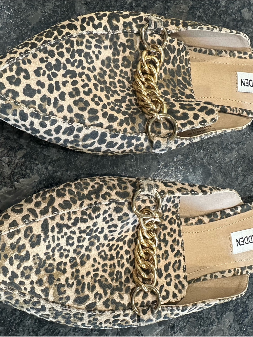 Steve Madden Leopard Print Pointed Mules with Gold Chain
